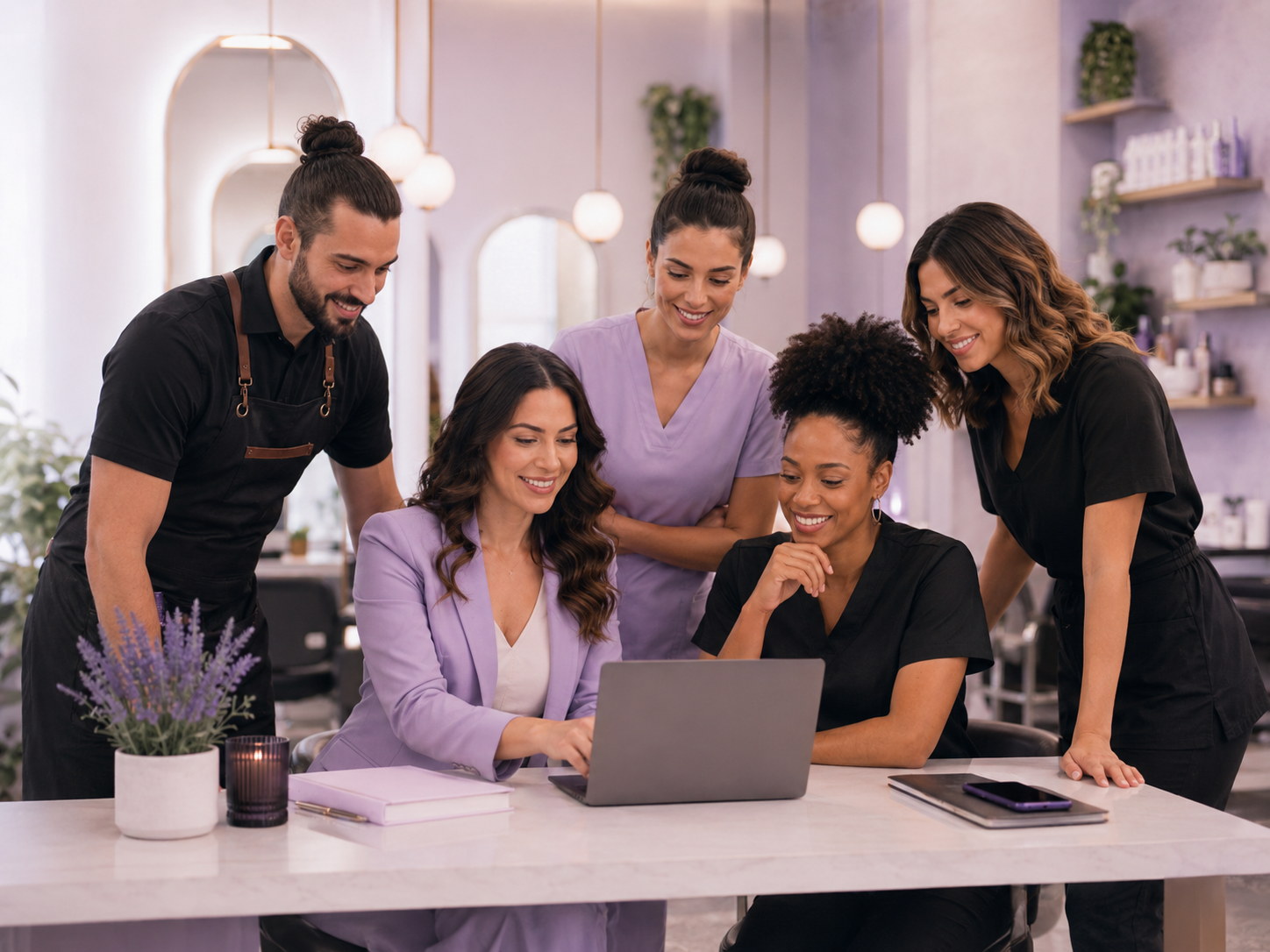 Equipe de um salão analisando perfis em um notebook